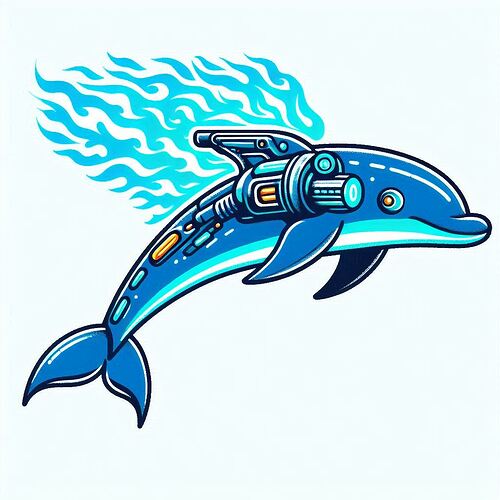 A simple drawing of a fire-breathing dolphin with neon-blue scales, cybernetic fins, and a plasma cannon on its back