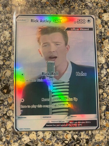 Rick Astley Rick Roll RickRoll gx ex vmax v Pokémon card Orica holographic  Pikachu Pokemon celestial lights custom