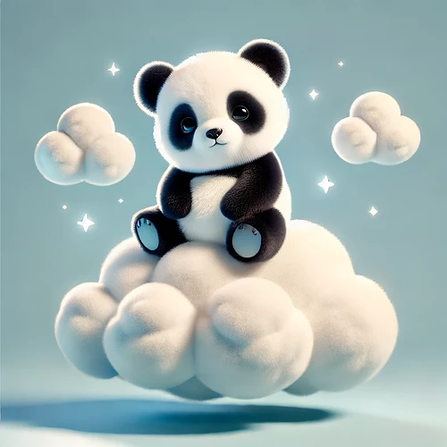 DALL·E 2024-08-27 03.57.57 - A cute panda sitting on a fluffy white cloud in a clear blue sky. The panda looks relaxed and content, with its black and white fur contrasting agains