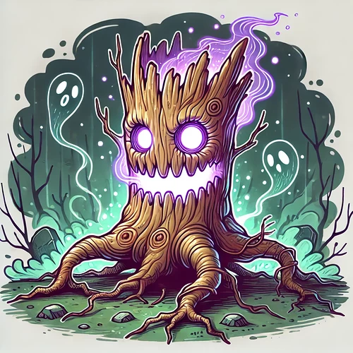 DALL·E 2024-12-09 10.30.23 - A cartoon-style drawing of a ghost-possessed tree. The tree has a humanoid appearance with roots acting as legs, allowing it to walk. Its face is illu