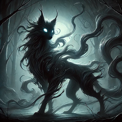 A mysterious and ominous creature named Umbravore, embodying a shadowy, ethereal form. It appears as a dark, semi-transparent beast with glowing eyes, wispy tendrils of shadow extending from its body. Its form is vaguely feline yet otherworldly, with sharp claws and a swirling, mist-like aura. The background is a dimly lit, eerie forest with moonlight piercing through the trees, emphasizing its spectral and sinister presence.