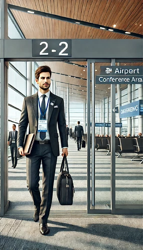 A male client walking into an airport, depicted in a realistic and professional style. The man is wearing formal business attire, carrying a laptop bag and holding conference materials like a name badge and a folder. He is confidently entering through sliding glass doors, with visible signage indicating an airport conference area in the background. The airport interior features modern design elements such as large windows, bright natural light, and directional signs. Other conference attendees in professional clothing can be seen walking nearby, enhancing the theme of a business event. Portrait orientation.