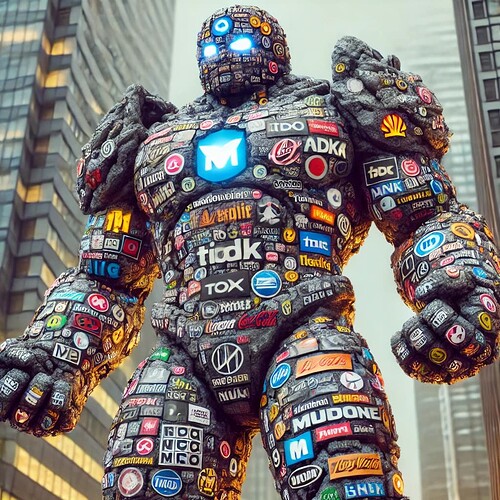 DALL·E 2025-03-28 18.06.51 - A massive golem composed entirely of various logos from famous brands, forming its body, arms, and legs. The golem stands in an urban environment, glo