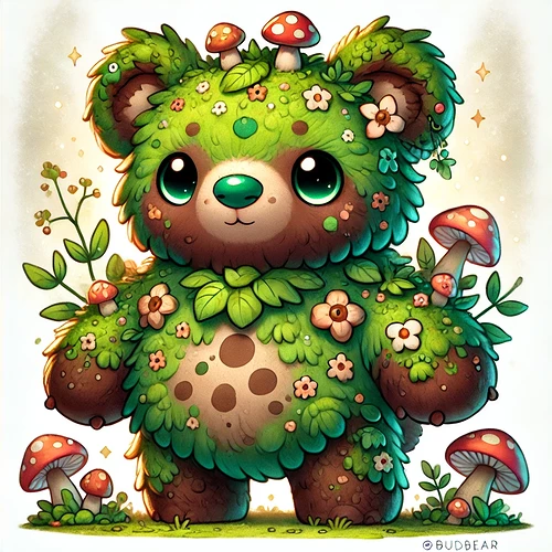 DALL·E 2025-01-25 09.30.44 - A cute, cuddly monster named Budbear, resembling a small bear with mossy green and brown fur, patches of flowers and tiny mushrooms growing on its bac