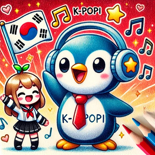 DALL·E 2025-03-03 18.34.29 - A cute cartoon penguin named K-Popi, wearing blue headphones and waving happily. K-Popi holds a small flag with a red background and a yellow star. Th