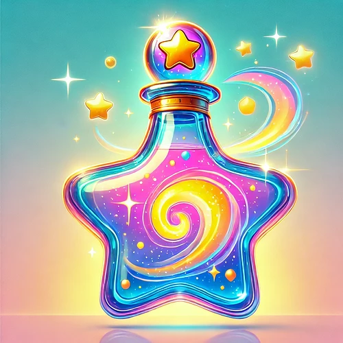 DALL·E 2024-12-11 09.36.21 - A cartoon-style magical star-shaped bottle filled with glowing syrup, designed with vibrant and exaggerated features. The bottle is made of shiny, col