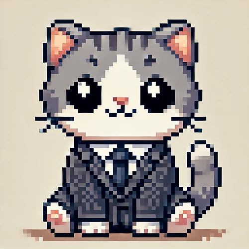 DALL·E 2025-03-26 19.47.05 - A pixel art style image of an adorable cat wearing a business suit, sitting down cutely. The cat has big, expressive eyes and a charming expression, g