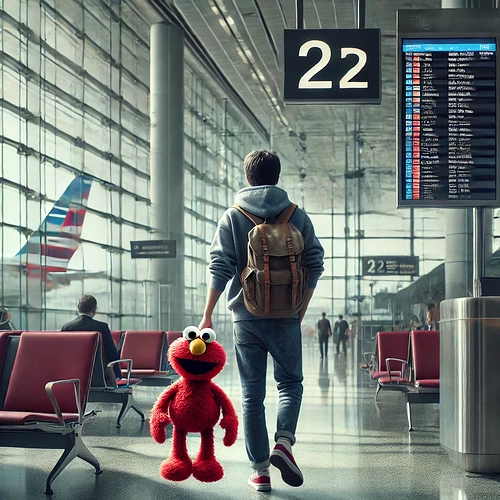 A scene showing a male traveler entering an airport terminal, carrying an Elmo plushie in his hand. The man is dressed casually, wearing a hoodie, jeans, and sneakers, with a backpack slung over one shoulder. The airport interior features large glass windows, flight information displays, and a modern seating area. The Elmo plushie is bright red and clearly visible, creating a whimsical and lighthearted element in the otherwise busy and professional environment. The background includes other travelers and airport staff moving around.