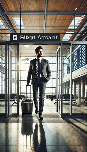 A male client walking into an airport, depicted in a realistic and professional style. The man is wearing business casual attire, carrying a sleek laptop bag over his shoulder, and confidently entering through sliding glass doors. The airport interior features modern design elements like large windows, bright natural light, and signage displaying flight information. The man has a focused expression as he strides forward, with rolling luggage visible in the background. This is a dynamic scene emphasizing travel and professionalism. Portrait orientation.