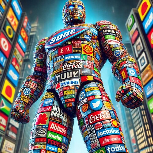 DALL·E 2025-03-28 18.06.50 - Un golem gigante formado completamente por logos de diferentes marcas, con un estilo moderno y vibrante. El golem está hecho de piezas de colores bril