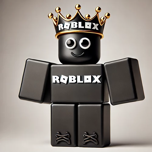 DALL·E 2025-02-23 13.15.24 - A black Roblox logo shaped like the iconic sideways square, with arms and legs. The character is wearing a detailed golden crown and has large, playfu