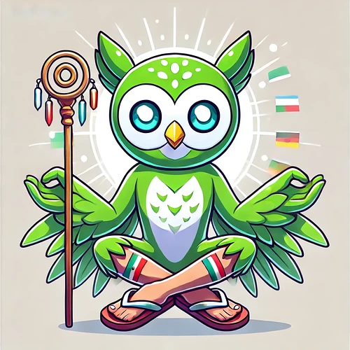 DALL·E 2025-03-19 16.54.41 - A cartoon-style animated character named Duolingmon, resembling the Duolingo owl but with a mystical and calm presence. He has a green body, large, mo