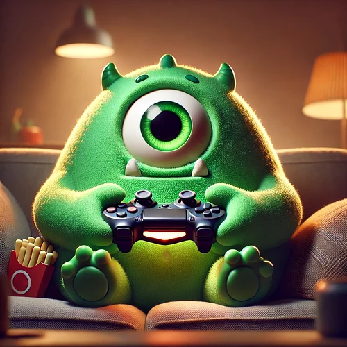 DALL·E 2025-01-28 12.46.30 - A cute, fat green monster sitting on a couch playing video games. The monster has a round body, a single large eye, small spikes on its back, and a pl