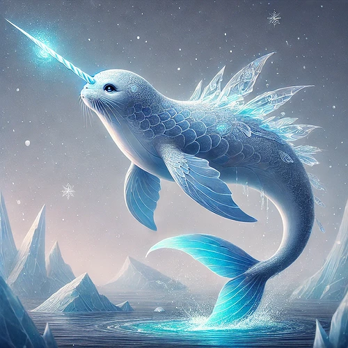 DALL·E 2025-01-22 15.15.32 - An elegant aquatic creature resembling a blend of a seal and a narwhal, with icy-blue scales that shimmer like frost. It has a sleek, streamlined body