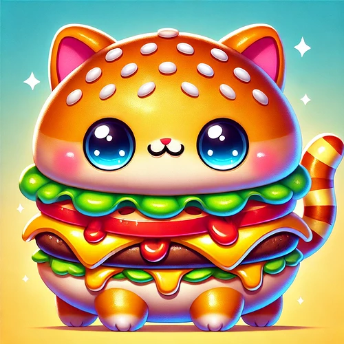 DALL·E 2025-03-26 15.54.34 - A super cute and cartoonish burger-themed cat with a round, chubby body resembling a hamburger. The cat's fur is a soft, golden burger bun with exagge